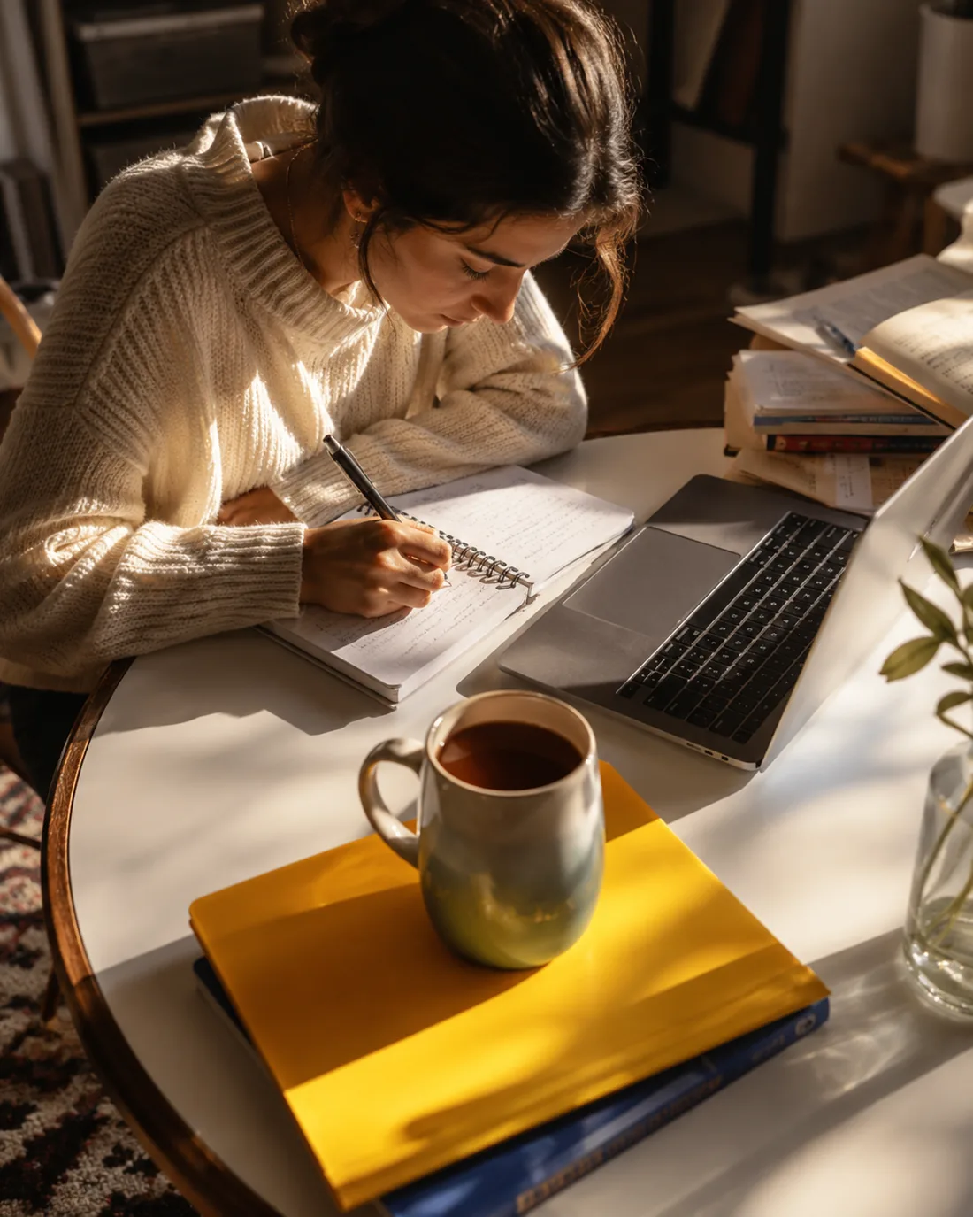 A calm desk with notebook and laptop, focused writing