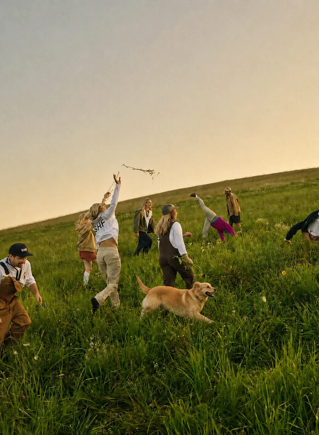Friends playing in a meadow in the evening light, a dog running along