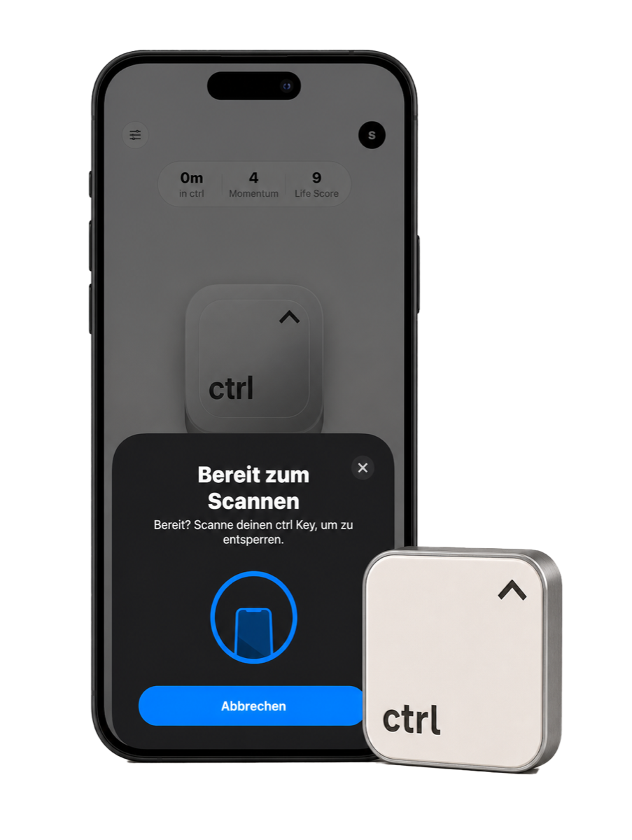 The ctrl key next to an iPhone with the ctrl app, ready to scan