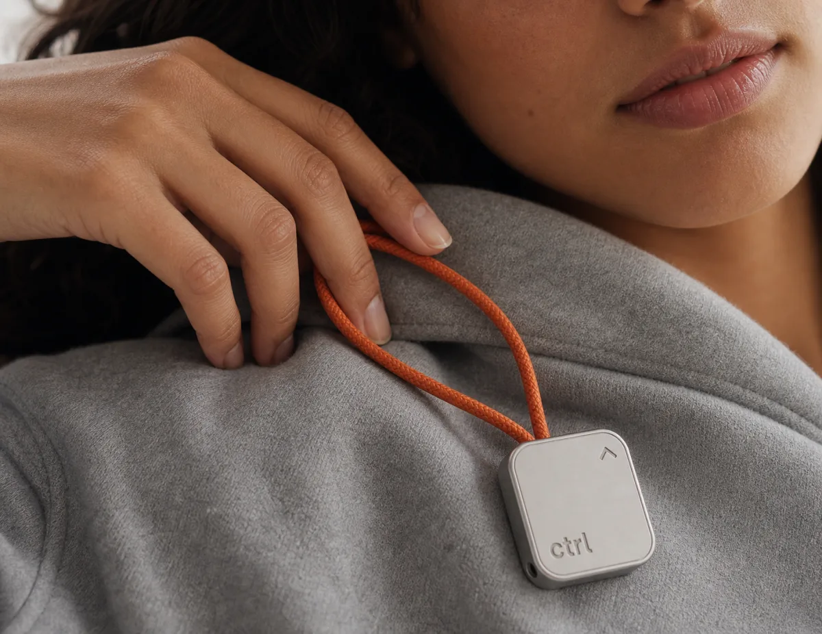 Two people close together outdoors, one wearing the ctrl key on an orange cord
