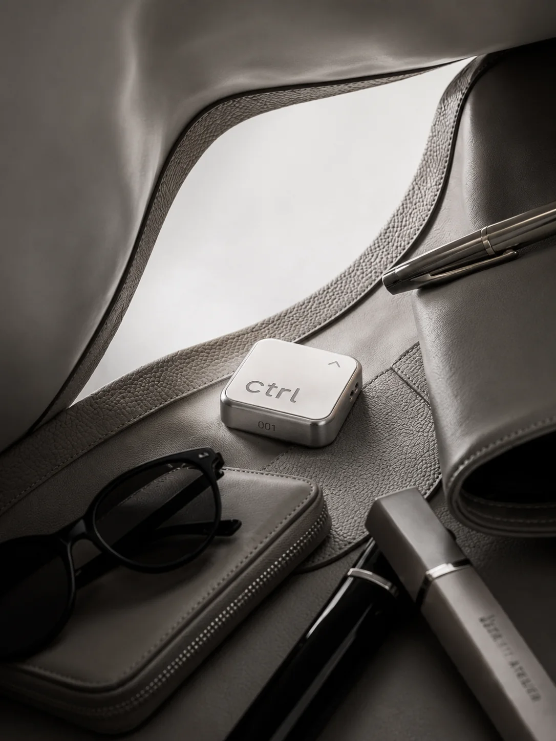 The ctrl key in a leather bag next to sunglasses and a wallet