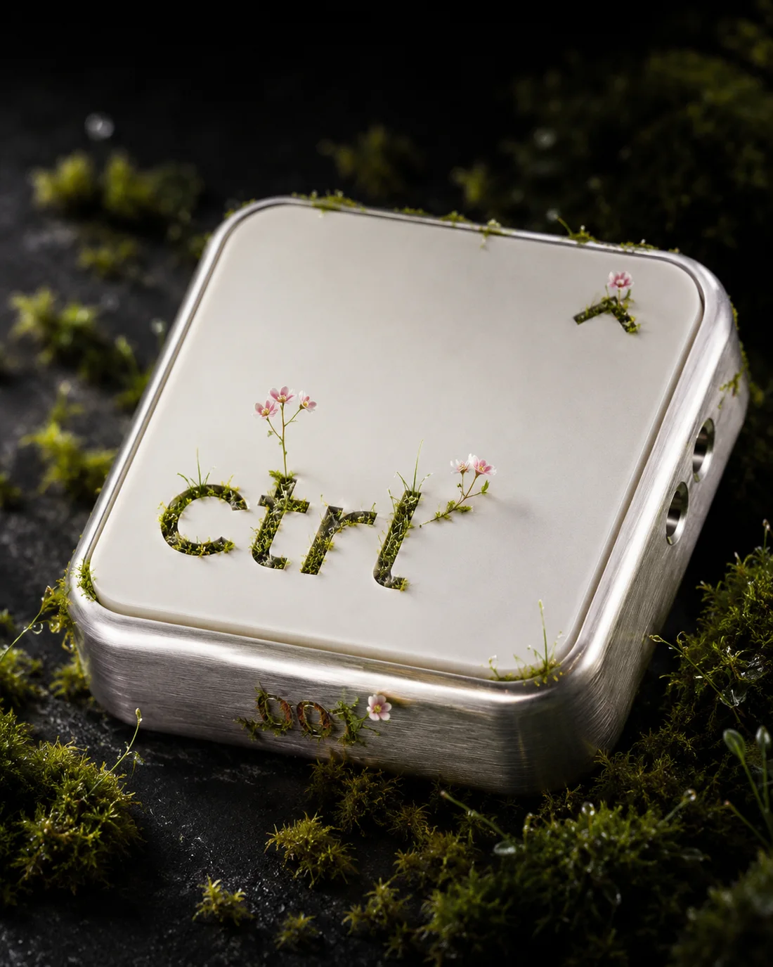 Close-up of the ctrl key with moss and tiny wildflowers growing from the engraving