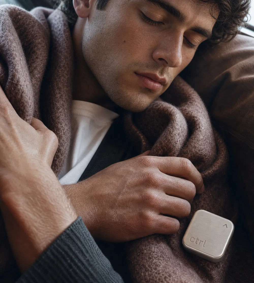 A man sleeps wrapped in a blanket, the ctrl key in his hand